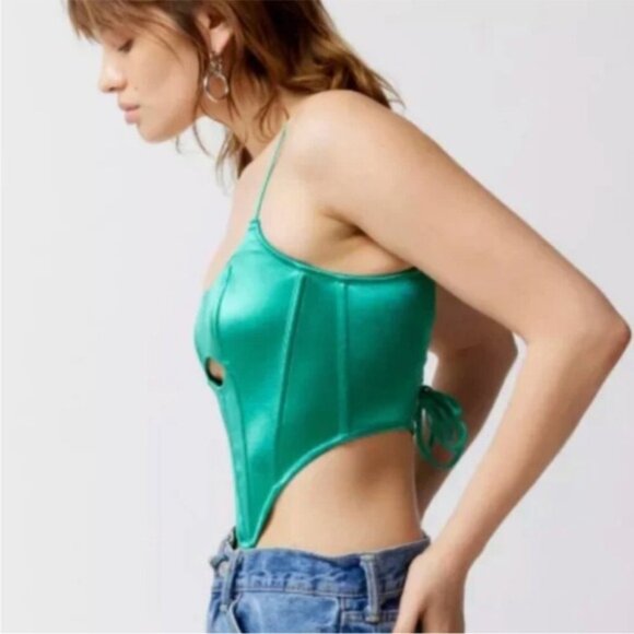 Urban Outfitters | Spitfire Sweettalk Cut Out Corset New Medium Green Satin Sexy - Picture 5 of 8